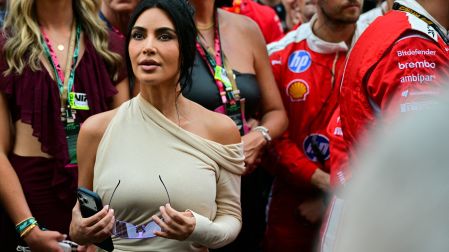 US reality TV personality Kim Kardashian (C) arrives for the podium ceremony of the Monaco Formula 1 Grand Prix at the Monaco street circuit in Monaco, ahead of the, on June 7, 2026.  Andrej ISAKOVIC / AFP