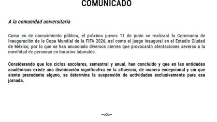 Comunicado de la UNAM en el que confirma que suspende actividades el 11 de junio