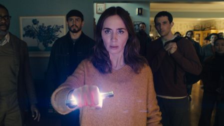 L to R: Colman Domingo is Hugo Wakefield, Tommy Martinez is Santiago, Emily Blunt is Margaret Fairchild, and Josh O'Connor is Dr. Daniel Kellner in DISCLOSURE DAY, directed by Steven Spielberg.