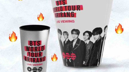 Palomera y vaso de BTS en Cinépolis
