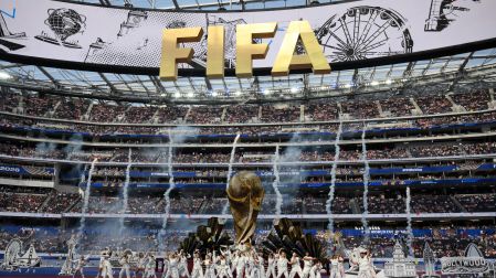 Thai rapper Lisa, Nigerian rapper Rema, and Brazilian singer-songwriter Anitta perform during the opening ceremony of the 2026 World Cup football tournament ahead of the Group D football match between USA and Paraguay at the Los Angeles Stadium in Inglewood on June 12, 2026. (Photo by Patrick T. Fallon / AFP)