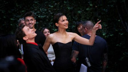 US actress Zendaya and British actor Tom Holland react during a photocall for « Spider-Man: brand new day » movie in a hotel in Madrid on June 15, 2026. (Photo by Thomas COEX / AFP)