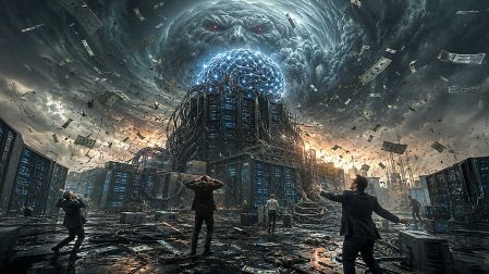 Ilustración sobre la Inteligencia Artificial colapsando la economía mundial.