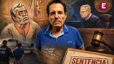 Ismael El Mayo Zambada en un montaje editorial sobre el proceso judicial en Estados Unidos previo a la audiencia de sentencia, con ilustraciones de la corte y un juez federal.