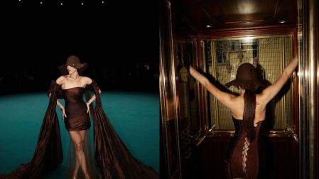 La artista conquistó las miradas con un sofisticado vestido marrón chocolate firmado por el diseñador hongkonés.