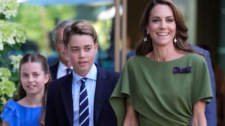 The Princess of Wales and her children, Prince George and Princess Charlotte arrive on day fourteen of the 2026 Wimbledon Championships at the All England Lawn Tennis and Croquet Club, London. Picture date: Sunday July 12, 2026.