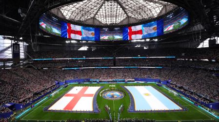 Soccer Football - FIFA World Cup 2026 - Semi Final - England v Argentina - Atlanta Stadium, Atlanta, Georgia, U.S. - July 15, 2026 General view as the flags are displayed on the pitch before the match IMAGN IMAGES via Reuters/Dale Zanine