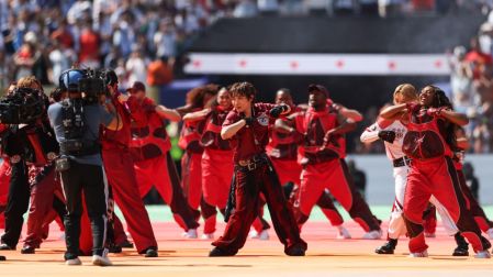 South Korean boy band BTS perform during the halftime show of the 2026 World Cup football tournament final match between Spain and Argentina at the New York/New Jersey Stadium in East Rutherford on July 19, 2026. (Photo by PATRICIA DE MELO MOREIRA / AFP)