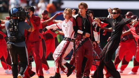 South Korean boy band BTS perform during the halftime show of the 2026 World Cup football tournament final match between Spain and Argentina at the New York/New Jersey Stadium in East Rutherford on July 19, 2026. (Photo by PATRICIA DE MELO MOREIRA / AFP)
