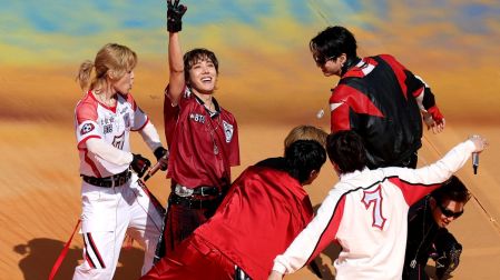 EAST RUTHERFORD, NEW JERSEY - JULY 19: RM, Jin, Suga, J-Hope, Jimin, V and Jung Kook of BTS perform during the Topps Final Halftime Show in the FIFA World Cup 2026 Final match between Spain and Argentina at New York New Jersey Stadium on July 19, 2026 in East Rutherford, New Jersey. Kevin C. Cox/Getty Images/AFP (Photo by Kevin C. Cox / GETTY IMAGES NORTH AMERICA / Getty Images via AFP)