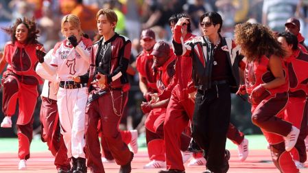 EAST RUTHERFORD, NEW JERSEY - JULY 19: Jimin, V, J-Hope and Jung Kook of BTS perform during the FIFA World Cup 2026 Final match between Spain and Argentina at New York New Jersey Stadium on July 19, 2026 in East Rutherford, New Jersey. Lars Baron/Getty Images/AFP (Photo by Lars Baron / GETTY IMAGES NORTH AMERICA / Getty Images via AFP)
