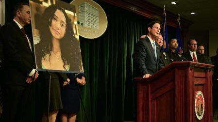 Los Angeles County District Attorney Nathan J. Hochman (C) and LAPD Chief Jim McDonnell (C, R) hold a press briefing on the case against singer D4vd in Los Angeles, on April 20, 2026. Rising star D4vd, whose real name is David Burke, was arrested in connection to the murder of a teenage girl whose dismembered body was found in the trunk of a car registered in the artist's name, police said on April 16.Frederic J. Brown / AFP