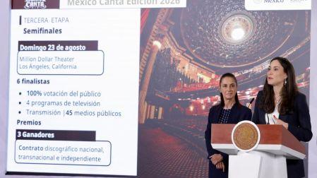 La secretaria de Cultura, Claudia Curiel de Icaza, expone los avances de México Canta 2026 y al fondo la presidenta Claudia Sheinbaum