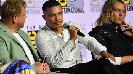 Puerto Rican actor Ismael Cruz Cordova (C) speaks during Prime Videos The Lord of the Rings: The Rings of Power panel during Comic Con International in San Diego on July 24, 2026. (Photo by Chris DELMAS / AFP)