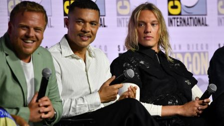 English actor Jamie Campbell Bower (R), Puerto Rican actor Ismael Cruz Cordova (C) and Welsh actor Owain Arthur (L) attend Prime Videos The Lord of the Rings: The Rings of Power panel during Comic Con International in San Diego on July 24, 2026. (Photo by Chris DELMAS / AFP)