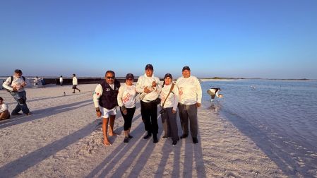 Personal de la Conanp, científicos y voluntarios lograron el anillamiento de 425 flamencos rosados en la localidad de Las Coloradas.