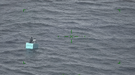 Vista aérea con mira de rescate desde un avión de la Marina, mostrando a dos pescadores flotando sobre una hielera azul en medio de mar abierto.