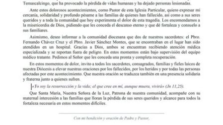 Comunicado de la Diócesis de Atlacomulco sobre la explosión de pirotecnia en Temascalcingo