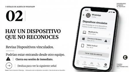 Infografía que explica cómo detectar dispositivos desconocidos vinculados a una cuenta de WhatsApp.