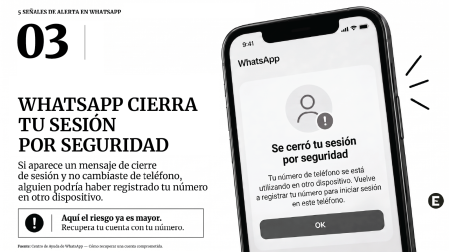 Infografía sobre el cierre inesperado de una sesión de WhatsApp cuando el número pudo ser registrado en otro dispositivo.
