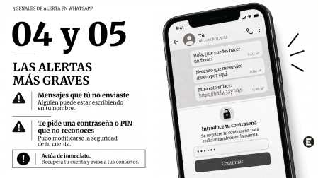 Infografía sobre mensajes enviados sin autorización y contraseñas o PIN desconocidos como señales de una cuenta de WhatsApp comprometida.