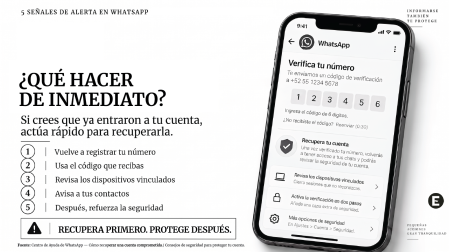Infografía con cinco pasos para recuperar una cuenta de WhatsApp comprometida y reforzar su seguridad.
