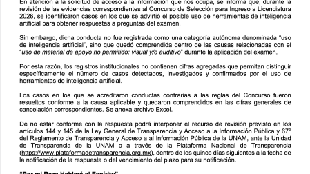 En respuesta a una solicitud de información, con folio 410031900191526, la Dirección General de Administración Escolar detalló lo identificado como posible uso de IA.