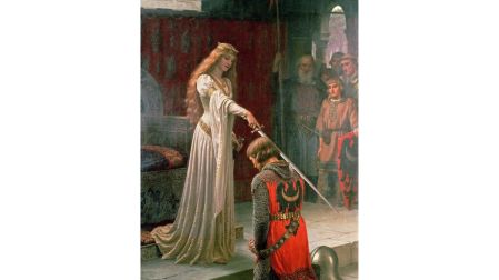 La pintura muestra a un caballero durante el ritual de la investidura, en una escena marcada por el romanticismo, el honor y la minuciosa estética victoriana.