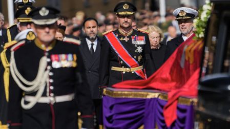 King Haakon VIII of Norwaywalks behind the bier carrying Norway's King Harald V after the funeral service on the way to Akershus Fortress where King Harald is to be laid to rest on September 9, 2026 in Oslo. Harald, who died on August 28, 2026 at the age of 89, was be laid to rest in the crypt of the royal mausoleum of Akershus Castle, a medieval fortress overlooking Oslo Fjord, after a service at the Oslo Cathedral. (Photo by Javad Parsa / NTB / AFP) / Norway OUT