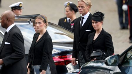 The son of Queen Mette-Marit of Norway Marius Borg Hoiby (2nd R), American conspiracy theorist, self-professed shaman and husband of Norway's Princess Märtha Louise Durek Verrett (L), Maud Angelica Behn (2nd L, hidden), Leah Isadora Behn (3rd L) and Emma Tallulah Behn (R) leave the church at the end of the funeral service for Norway's late King Harald V at the Oslo Cathedral in Oslo, Norway, on September 9, 2026. Harald, who died on August 28, 2026 at the age of 89, will be laid to rest in the crypt of the royal mausoleum of Akershus Castle, a medieval fortress overlooking Oslo Fjord, after a service at the Oslo Cathedral. (Photo by Odd ANDERSEN / AFP)