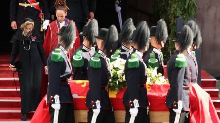 Queen Sonja of Norway (L) and the Bishop of Oslo Sunniva Gylver leave the church and follow the casket at the end of the funeral service for Norway's late King Harald V at the Oslo Cathedral in Oslo, Norway, on September 9, 2026. Harald, who died on August 28, 2026 at the age of 89, will be laid to rest in the crypt of the royal mausoleum of Akershus Castle, a medieval fortress overlooking Oslo Fjord, after a service at the Oslo Cathedral. (Photo by Odd ANDERSEN / AFP)