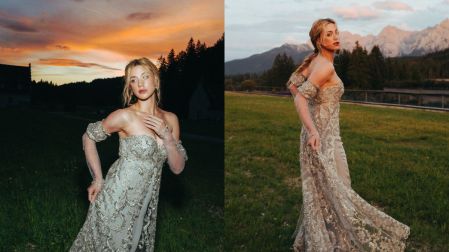 El vestido gris con pedrería y mangas transparentes transportó a Lili Reinhart al universo de cuento de hadas de Ever After.