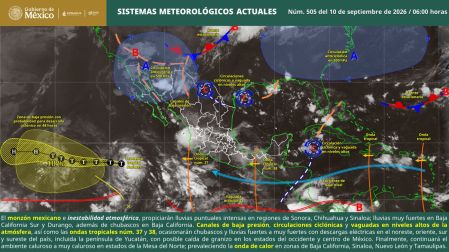 El SMN dio a conocer, por otra parte, que se prevén lluvias puntuales intensas en regiones de Sonora (centro y este), Chihuahua (oeste y suroeste) y Sinaloa.