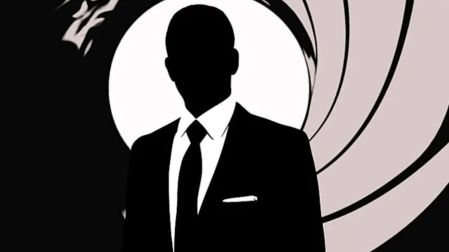 Silueta de James Bond con traje frente al diseño del cañón de pistola característico de las películas de 007.