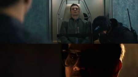 Montaje de VisionQuest con un hombre en una camilla dentro de un elevador y otro con lentes en una escena oscura.