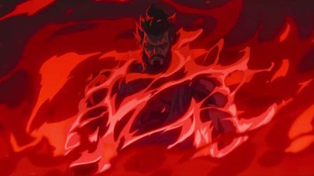Akuma luce imponente en el flashback de estilo anime.