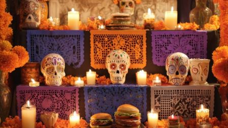 Ofrenda de Día de Muertos de varios niveles con calaveras decoradas, veladoras, flores de cempasúchil, papel picado y alimentos.