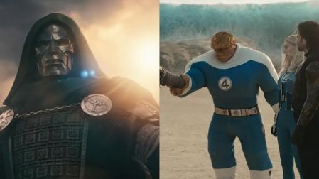 Doctor Doom con armadura y capucha negra junto a los Cuatro Fantásticos, encabezados por La Mole, en un montaje de Marvel.