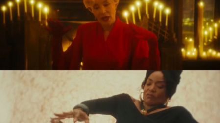 Jessica Lange vestida de rojo y Angela Bassett de negro aparecen en dos escenas de American Horror Story 13.