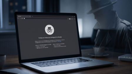 Laptop con Google Chrome en modo incógnito y figura oscura con sombrero al fondo, representando riesgos de hackeo.