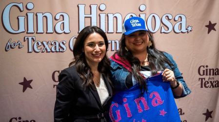 Texas Democratic gubernatorial candidate Gina Hinojosa greets supporters during a campaign rally at Brentwood Baptist Church in Houston, on October 18, 2026. Hinojosa is campaigning against current Texas Governor Greg Abbott. (Photo by RONALDO SCHEMIDT / AFP)