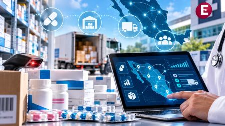 Sistema de salud en México con tecnología digital para rastrear medicamentos, controlar inventarios y optimizar su distribución a hospitales y farmacias.
