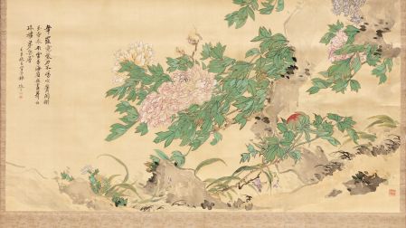 Obra Peonías al viento, de Tsubaki Chinzan (1801-1854), , que se exhibe en el Museo Kaluz en la exposición 'El arte nuevo. Simbolismo y Art nouveau en México'