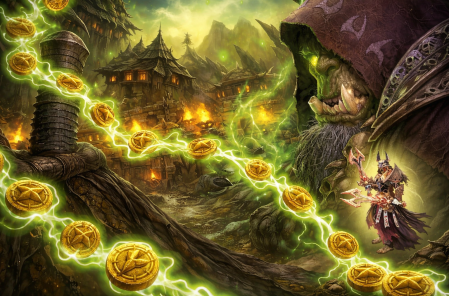 Ilustración de estilo fantástico con monedas doradas conectadas por energía verde frente a un poblado en llamas y personajes de videojuego, representación visual del “oro digital” y las microtransacciones en la industria del gaming.