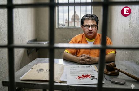 Naasón Joaquín García con uniforme de prisión tras las rejas, junto a documentos legales que ilustran la cancelación de su registro como ministro por la Segob y la reapertura de su caso en la FG