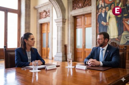 La presidenta Claudia Sheinbaum y el Secretario de Seguridad de EE.UU. Markwayne Mullin reunidos en Palacio Nacional.