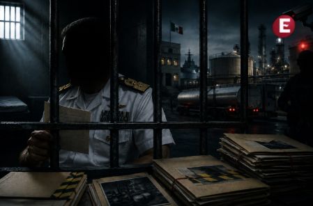 Vicealmirante de la Marina en una celda de alta seguridad, con documentos judiciales y un entorno industrial vinculado al huachicol fiscal.