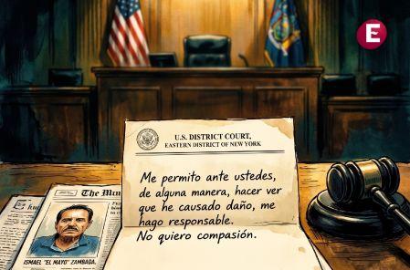 Ilustración dramática de la carta manuscrita de arrepentimiento de Ismael "El Mayo" Zambada sobre el estrado de la corte de Nueva York, con un retrato del capo de Sinaloa y el mazo del juez Brian Cogan.