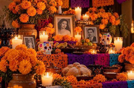 Ofrenda de Día de Muertos con retratos familiares, flores de cempasúchil, veladoras, calaveritas, fruta y pan de muerto.