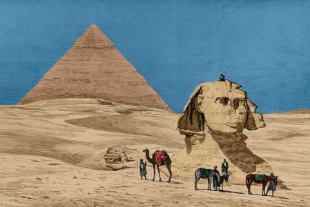 Vista de la esfinge y la pirámide de Kefrén, antes de las excavaciones hechas bajo la dirección de Mariette-Bey.